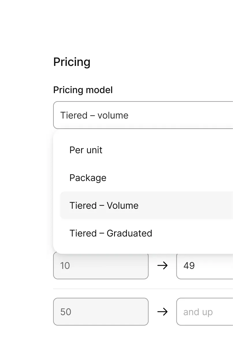 Example of the Kinde UI showing volume based pricing summary