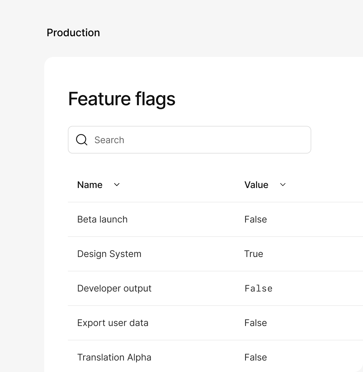 Example of the feature flags screen in the Kinde admin for the production environment.